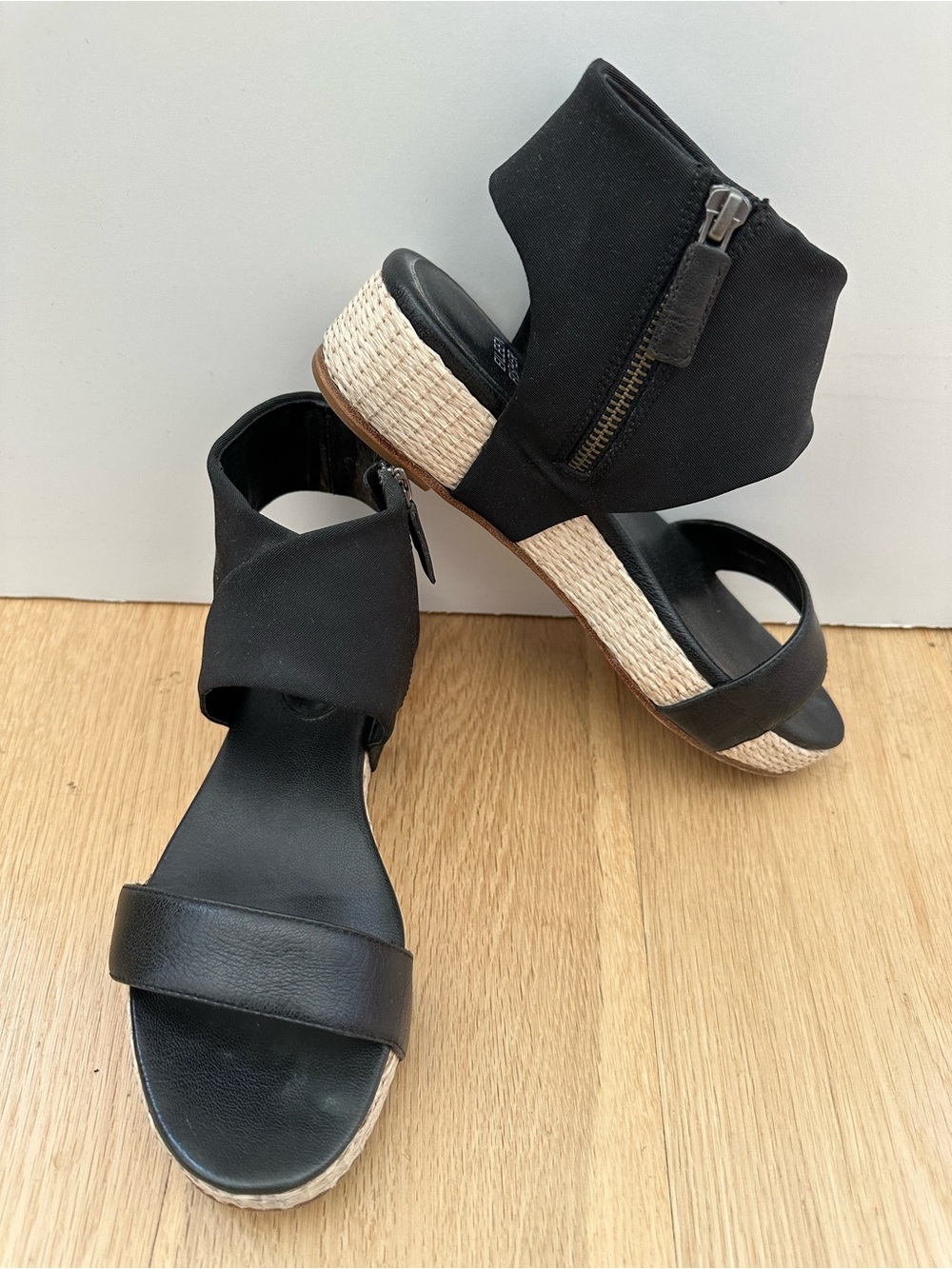 Eileen Fisher - Black Leather / Nylon Espadrille Wedge Sandals - 7 1/2